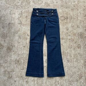 Vintage See Thru Soul Dark Blue Flare Jeans with Double-Waist Button Detail